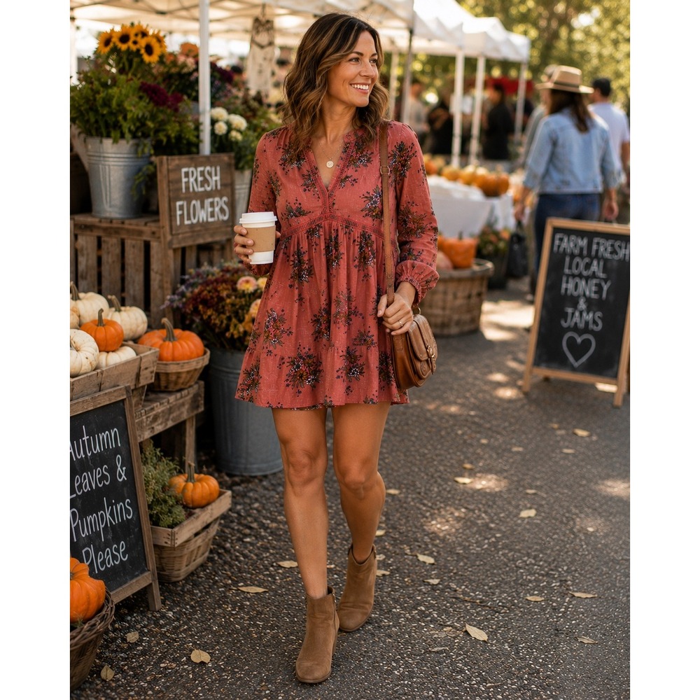 Umgee Boho‎ Floral V-Neck Tunic Dress Top Rose Pink Ladder Trim Small